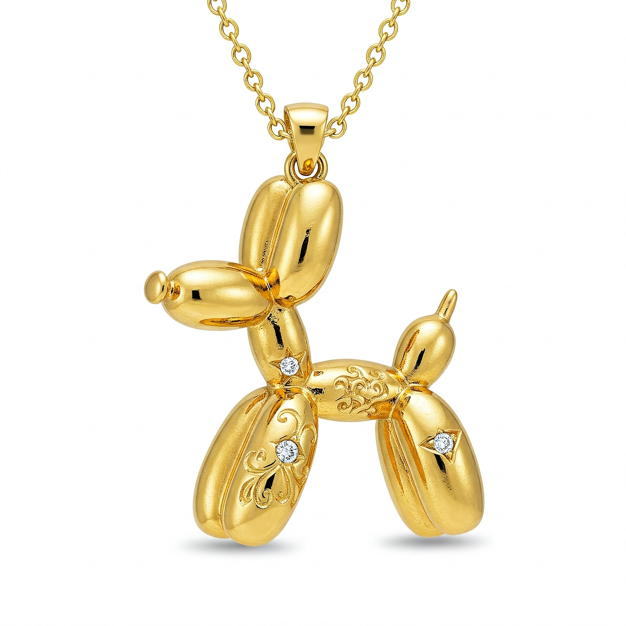 Gold Balloon Dog Pendant Necklace with Diamond Accents
